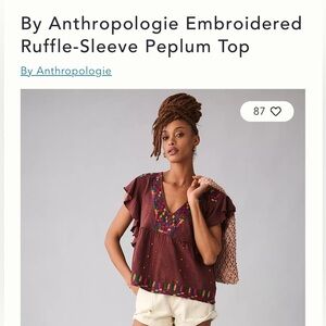 NWT Anthropologie Embroidered Ruffle-Sleeve Peplum Top - Sz Medium